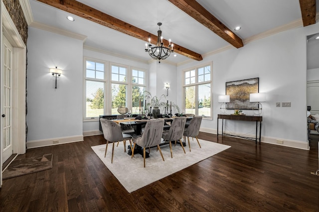 6054 Pelican Way, College Grove, TN 37046 - dining area with a chandelier, wood finished floors, beamed ceiling, ornamental molding, and recessed lighting