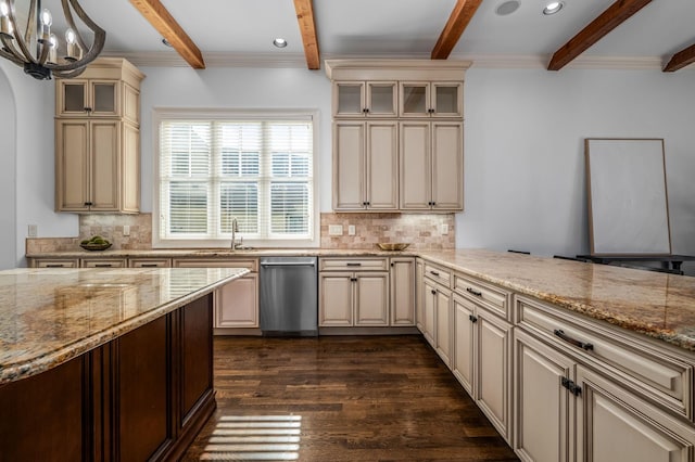 6054 Pelican Way, College Grove, TN 37046 - kitchen with dishwasher, cream cabinetry, beam ceiling, dark wood-type flooring, and a chandelier