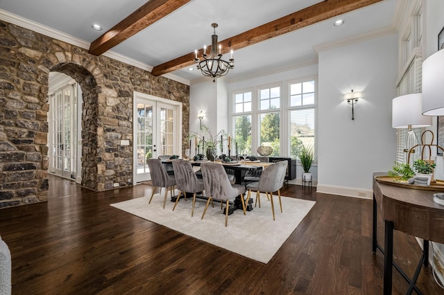 6054 Pelican Way, College Grove, TN 37046 - dining room with french doors, a chandelier, beamed ceiling, dark wood-type flooring, and ornamental molding