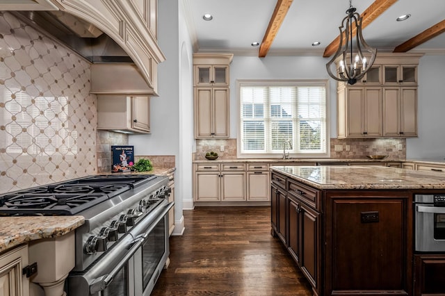 6054 Pelican Way, College Grove, TN 37046 - kitchen with cream cabinets, stainless steel appliances, beamed ceiling, dark wood finished floors, and decorative backsplash