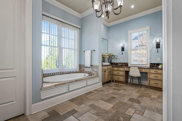 6054 Pelican Way, College Grove, TN 37046 - bathroom featuring vanity, a garden tub, crown molding, healthy amount of natural light, and stone tile flooring