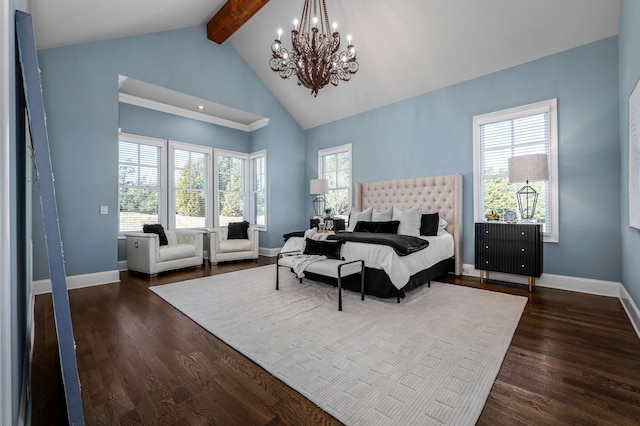 6054 Pelican Way, College Grove, TN 37046 - bedroom with a chandelier, beamed ceiling, dark wood-type flooring, and high vaulted ceiling