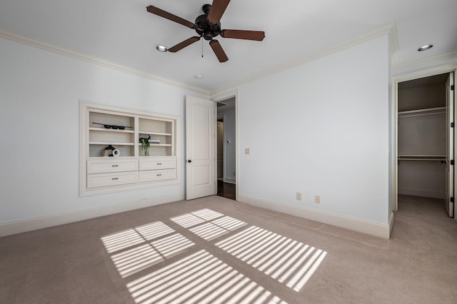 6054 Pelican Way, College Grove, TN 37046 - unfurnished bedroom featuring light colored carpet, ornamental molding, recessed lighting, a spacious closet, and ceiling fan