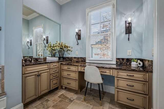 6054 Pelican Way, College Grove, TN 37046 - bathroom with stone tile floors, crown molding, vanity, and healthy amount of natural light