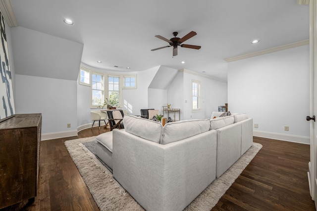6054 Pelican Way, College Grove, TN 37046 - living room featuring ceiling fan, recessed lighting, dark wood-type flooring, and crown molding