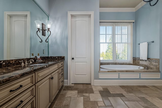 6054 Pelican Way, College Grove, TN 37046 - bathroom with vanity, a garden tub, crown molding, and stone tile flooring