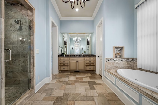 6054 Pelican Way, College Grove, TN 37046 - bathroom featuring a chandelier, crown molding, a whirlpool tub, vanity, and a shower stall