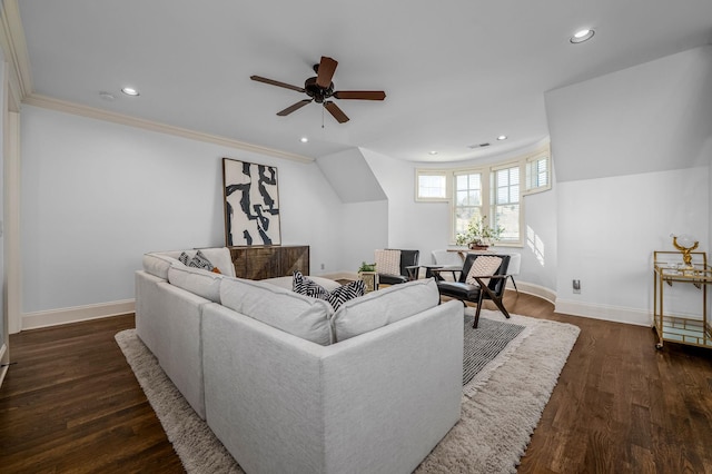 6054 Pelican Way, College Grove, TN 37046 - living room featuring ceiling fan, recessed lighting, dark wood-type flooring, and crown molding