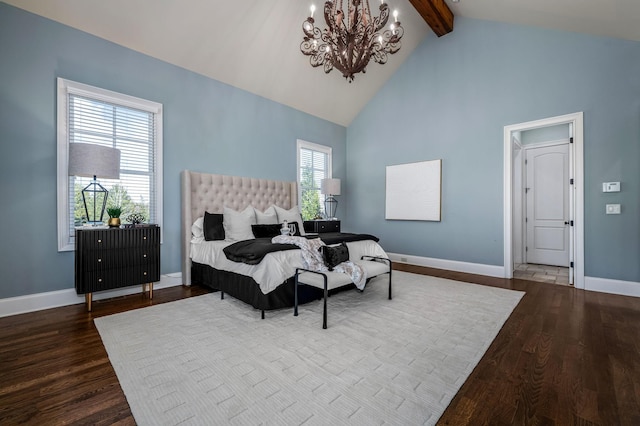 6054 Pelican Way, College Grove, TN 37046 - bedroom with a chandelier, beamed ceiling, dark wood-style floors, and high vaulted ceiling