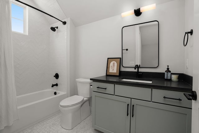 full bathroom featuring toilet, shower / tub combo, and vanity