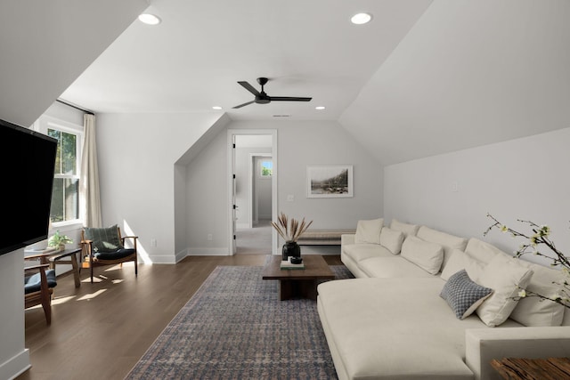 living area featuring lofted ceiling, dark wood-style floors, a ceiling fan, and recessed lighting