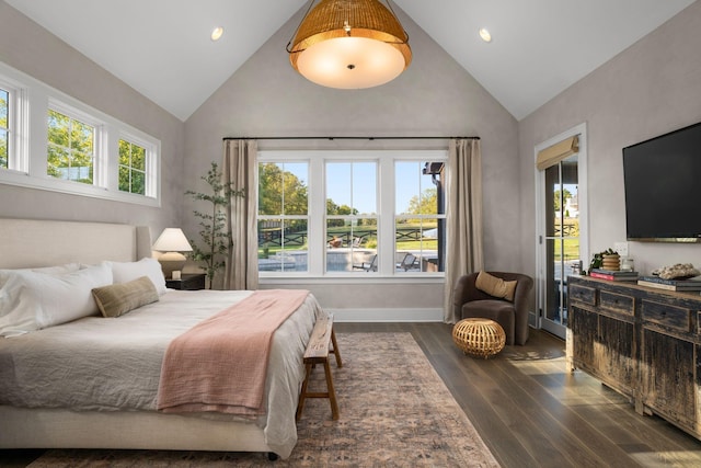 bedroom featuring high vaulted ceiling, dark wood-type flooring, recessed lighting, and baseboards