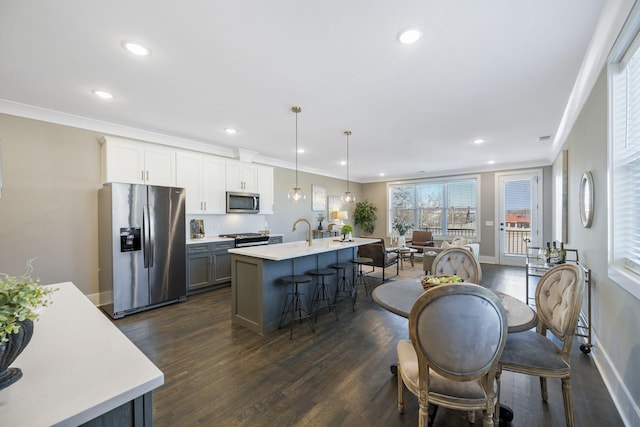 kitchen with appliances with stainless steel finishes, dark wood-type flooring, and ornamental molding