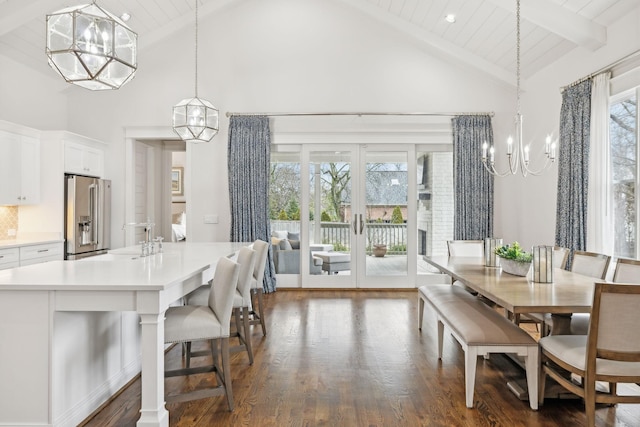 dining room with a chandelier, beam ceiling, dark wood-type flooring, and wooden ceiling