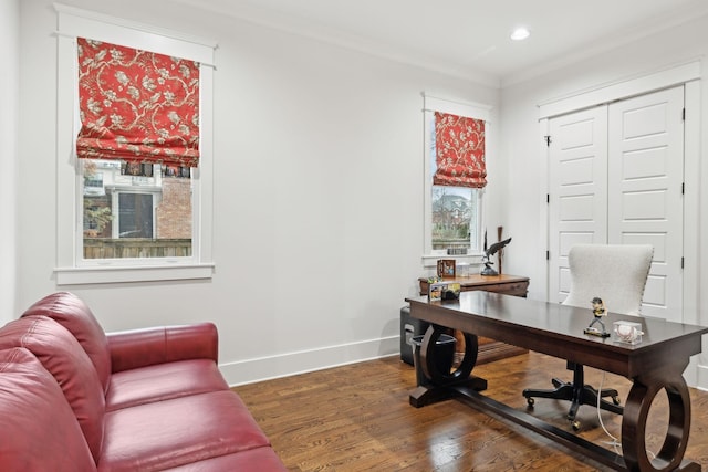 home office featuring baseboards, dark wood finished floors, crown molding, and recessed lighting