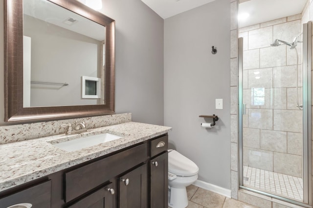 full bathroom with tile patterned flooring, toilet, visible vents, vanity, and a shower stall