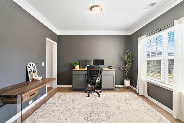 office with baseboards, wood finished floors, visible vents, and crown molding