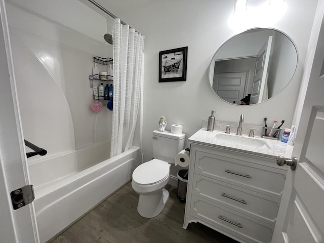 full bathroom with toilet, wood finished floors, shower / bath combo with shower curtain, and vanity