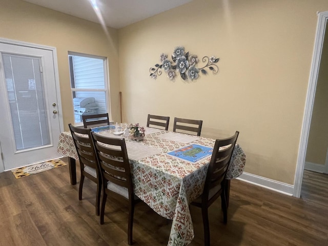 dining area with dark wood-style floors and baseboards