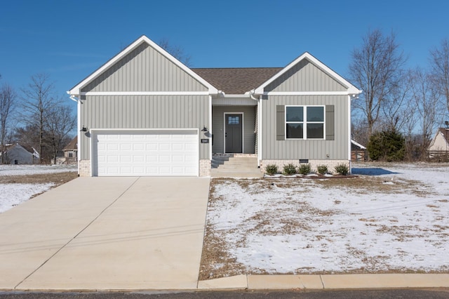 view of front of property featuring driveway, a shingled roof, crawl space, an attached garage, and board and batten siding