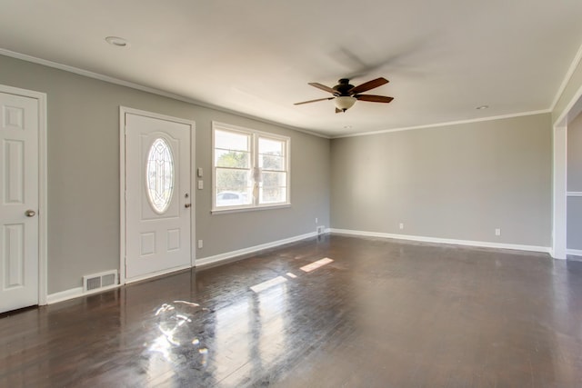 foyer with baseboards, visible vents, and ornamental molding