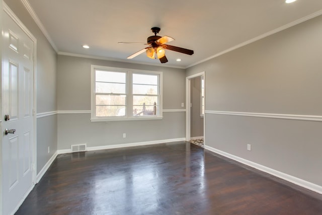 empty room with visible vents, baseboards, ornamental molding, and recessed lighting