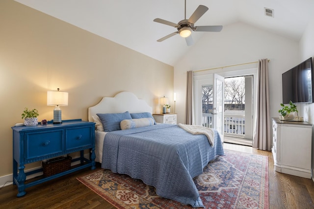 bedroom with dark wood-style floors, ceiling fan, high vaulted ceiling, and visible vents