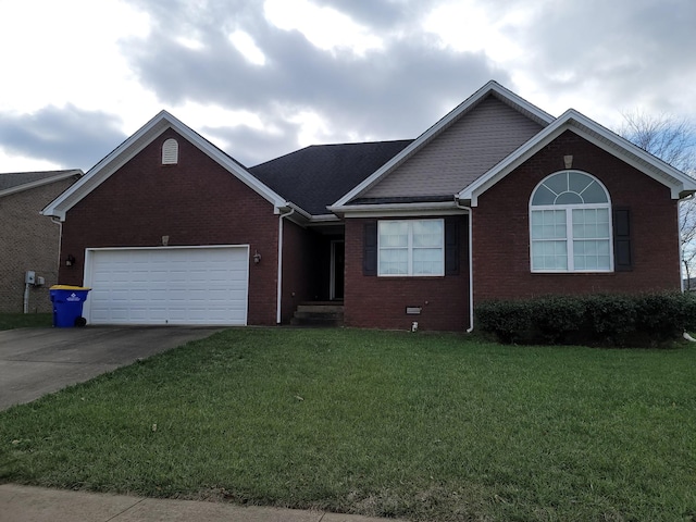 single story home featuring driveway, brick siding, a front lawn, and an attached garage