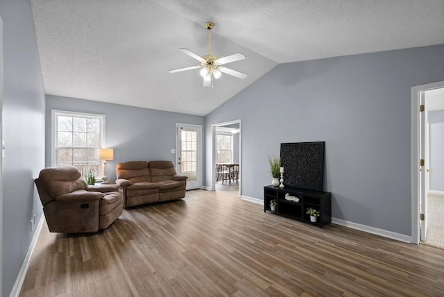 living room with a textured ceiling, vaulted ceiling, a wealth of natural light, and wood finished floors