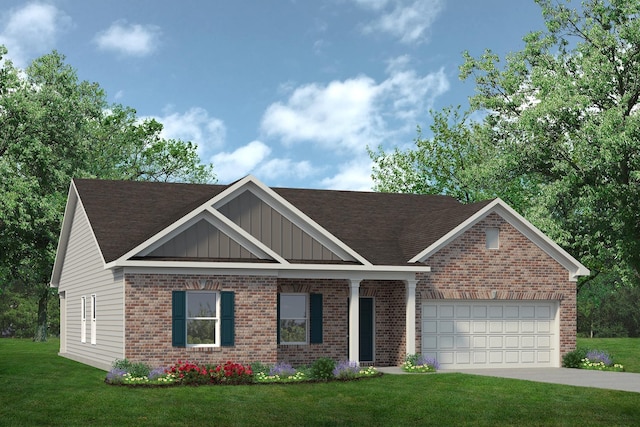 view of front of house with a garage, driveway, brick siding, board and batten siding, and a front yard