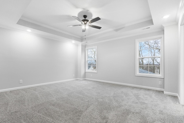 unfurnished room with carpet, a tray ceiling, baseboards, and ornamental molding