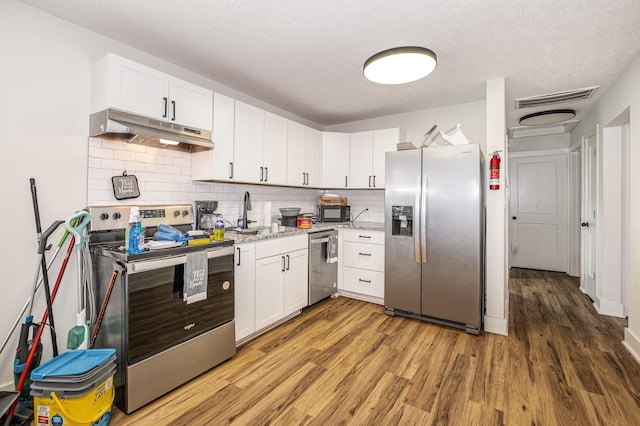 1100 S Russell St, Portland, TN 37148 - kitchen featuring stainless steel appliances, under cabinet range hood, light wood-style floors, backsplash, and white cabinetry