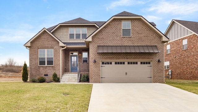 craftsman inspired home featuring brick siding, driveway, crawl space, roof with shingles, and a front yard