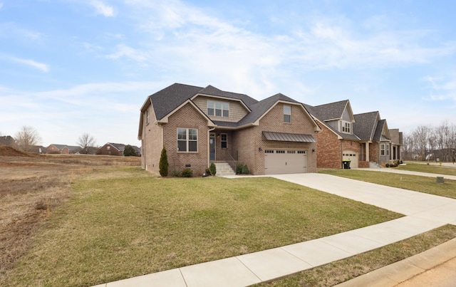 view of front facade featuring driveway, brick siding, crawl space, an attached garage, and a front yard