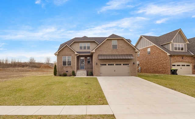 craftsman-style home with a garage, brick siding, concrete driveway, and a front yard