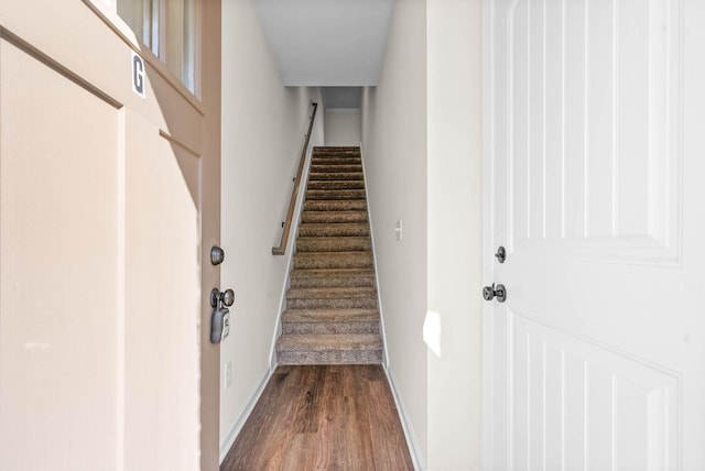 stairway with baseboards and wood finished floors