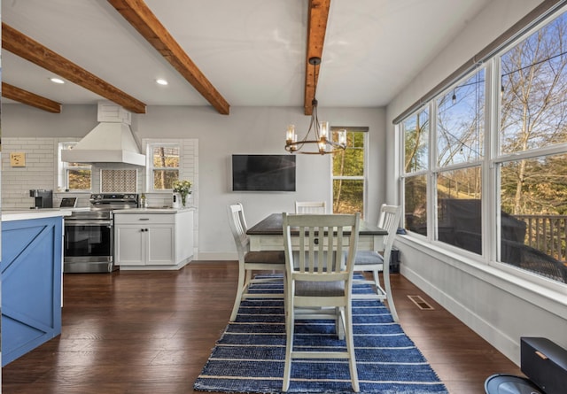 dining space with a chandelier, visible vents, baseboards, beam ceiling, and dark wood finished floors