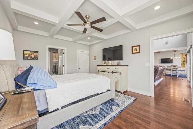 bedroom featuring visible vents, coffered ceiling, dark wood-type flooring, beam ceiling, and recessed lighting