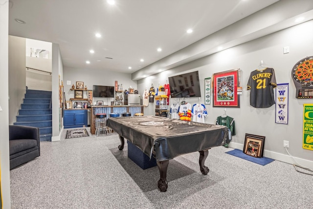 playroom with baseboards, pool table, a bar, and recessed lighting