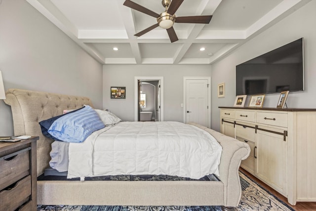 bedroom featuring recessed lighting, coffered ceiling, wood finished floors, a ceiling fan, and beam ceiling