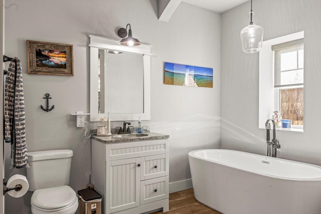 bathroom featuring a freestanding bath, vanity, wood finished floors, and toilet