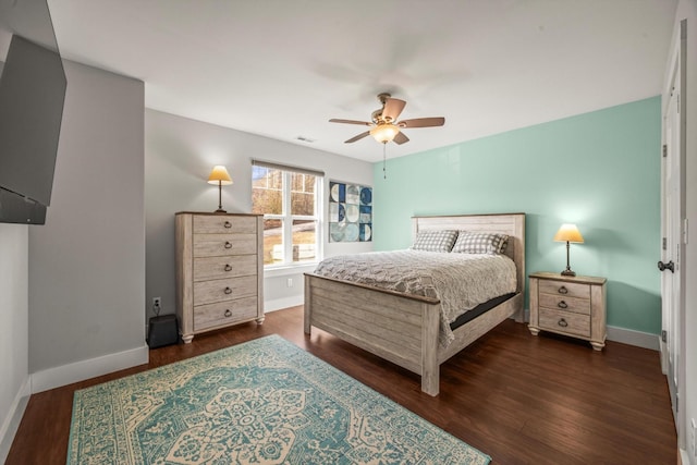 bedroom with baseboards, visible vents, ceiling fan, and dark wood-type flooring