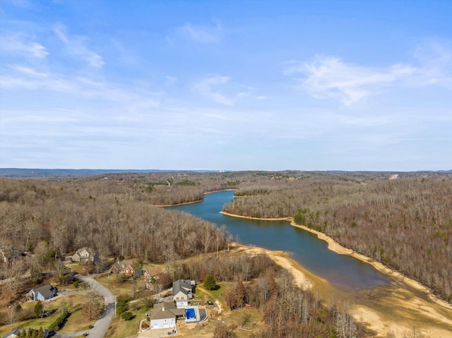 bird's eye view featuring a water view and a forest view