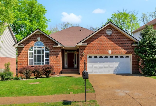 ranch-style house featuring an attached garage, concrete driveway, and brick siding