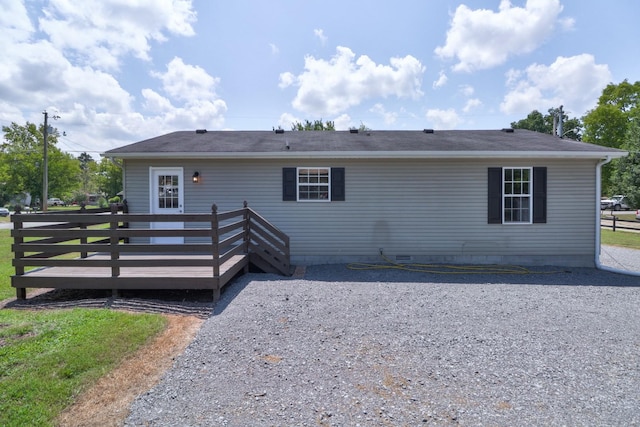 back of house featuring crawl space and a wooden deck