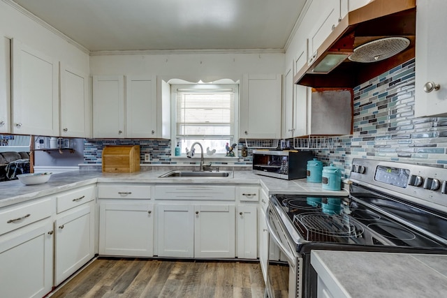 kitchen with wood finished floors, stainless steel appliances, crown molding, white cabinetry, and a sink