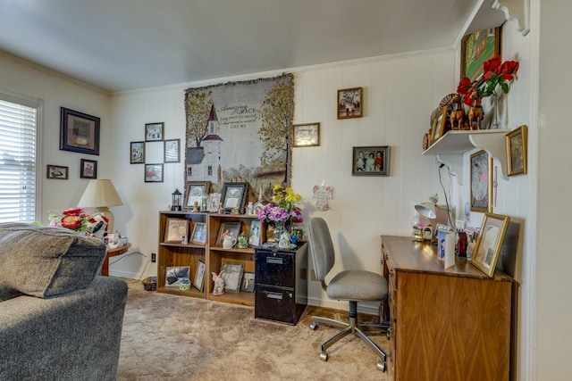 carpeted home office featuring ornamental molding