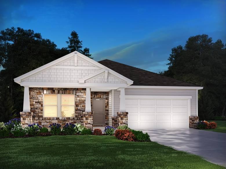 view of front of home with an attached garage, stone siding, a lawn, and concrete driveway