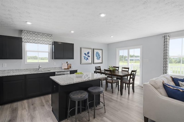 kitchen featuring light wood finished floors, light stone counters, dark cabinets, a center island, and a sink