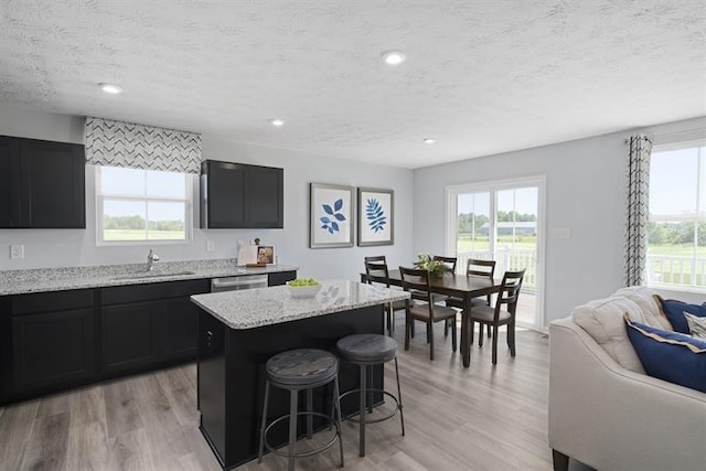 kitchen with light wood-style flooring, dark cabinets, a center island, light stone countertops, and a sink